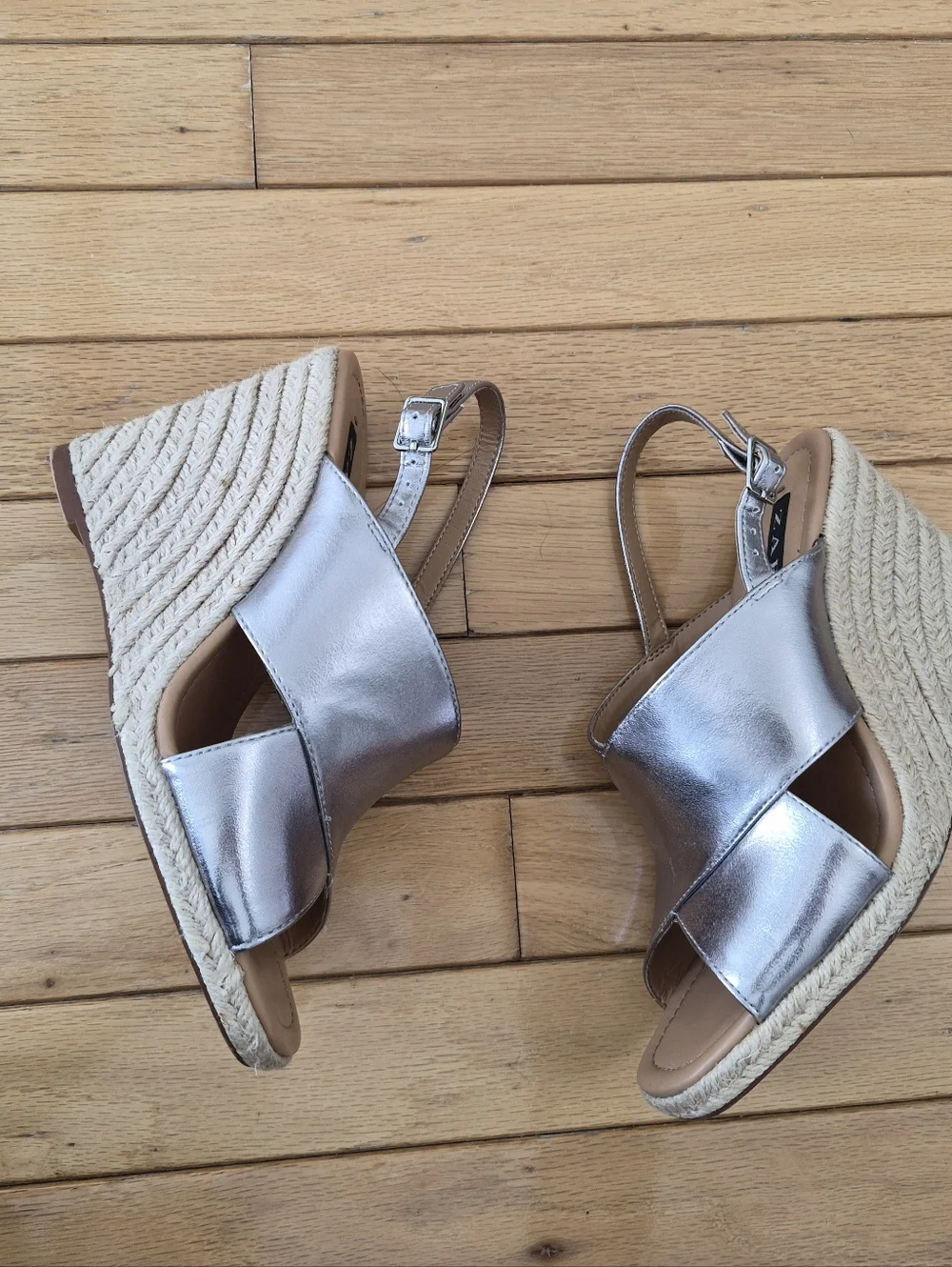 Zara TRF Metallic Silver Espadrille Wedge 37 Sandals Slingback Platform Mrtallic - Picture 6 of 15